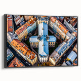 Black and white framed canvas of a vintage European landscape, ideal for bedroom wall decor.