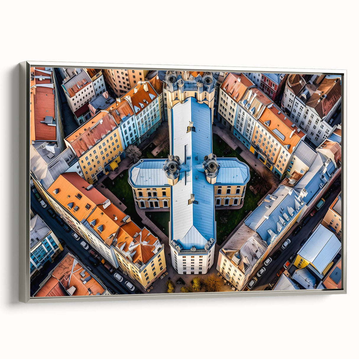 Framed canvas featuring a vintage poster of a Lithuanian landscape in colorful hues, ideal for living room decor.