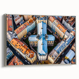 Framed canvas featuring a vintage poster of a Lithuanian landscape in colorful hues, ideal for living room decor.