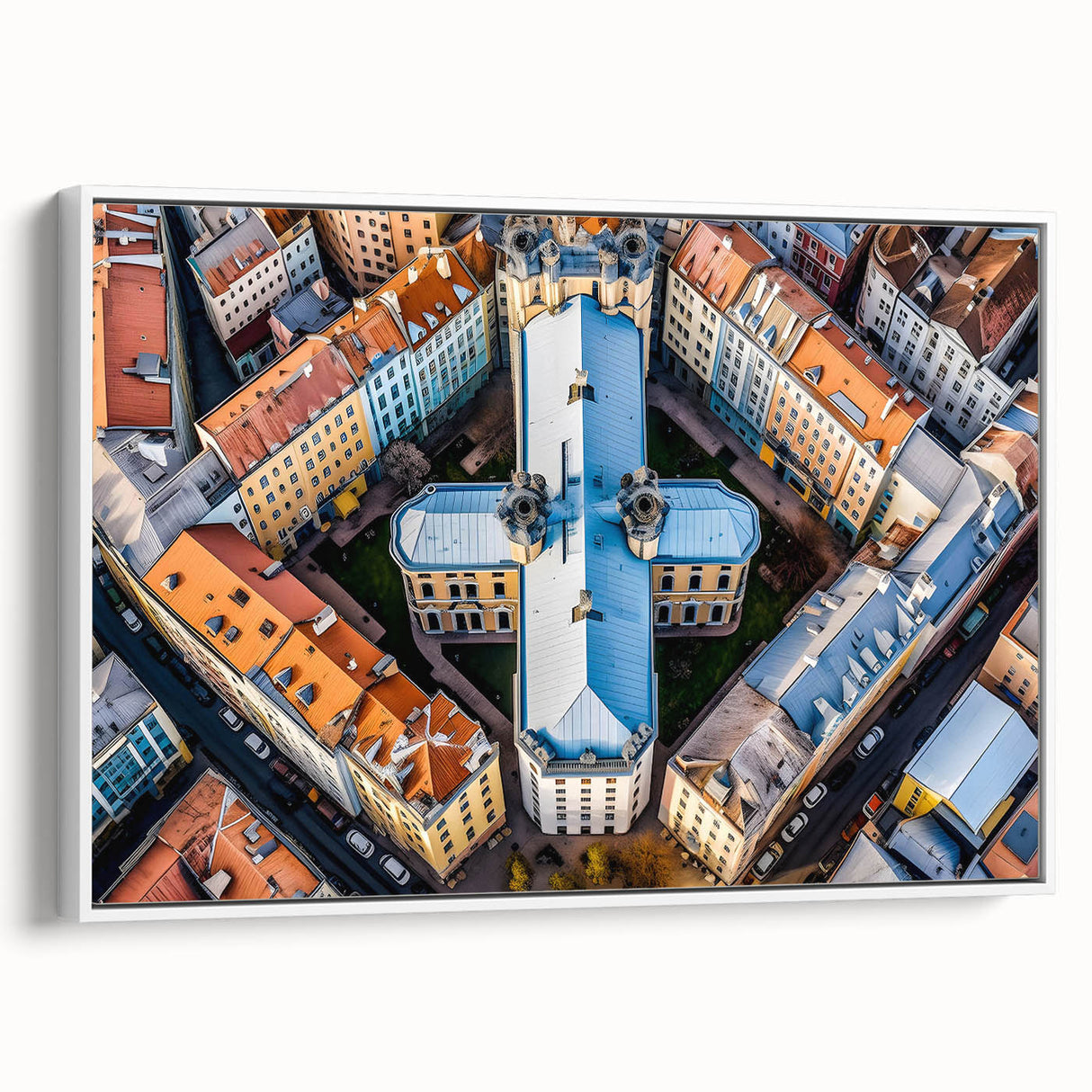 Vintage poster art of a European Lithuanian scenery on framed canvas, featuring vibrant colors, ideal for living room decor.