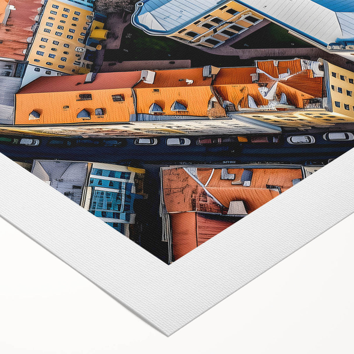 Art deco poster featuring a scenic European landscape in muted earth tones on a rolled canvas.