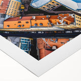 Art deco poster featuring a scenic European landscape in muted earth tones on a rolled canvas.