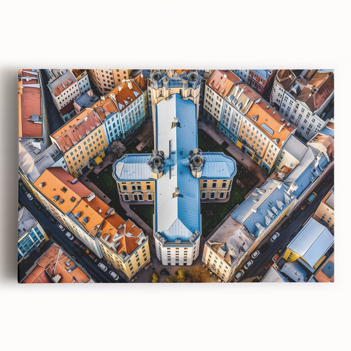Black and white photo of a European street scene on stretched canvas, ideal for kitchen wall art.