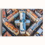Black and white photo of a European street scene on stretched canvas, ideal for kitchen wall art.