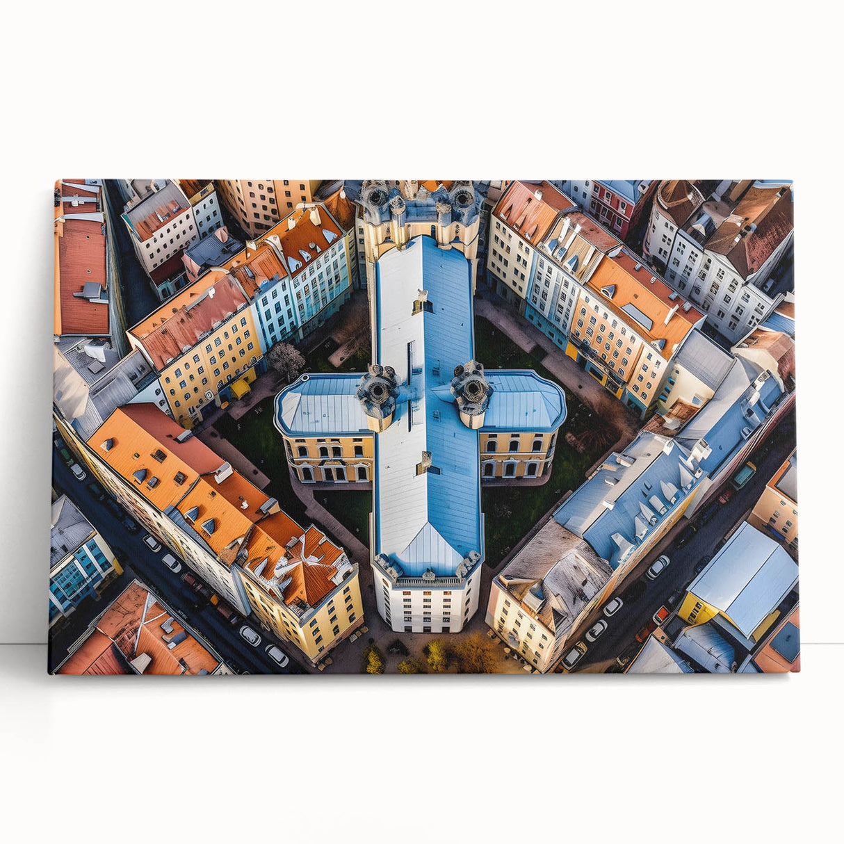 Black and white photograph of a European cityscape on large stretched canvas, ideal for kitchen wall art.
