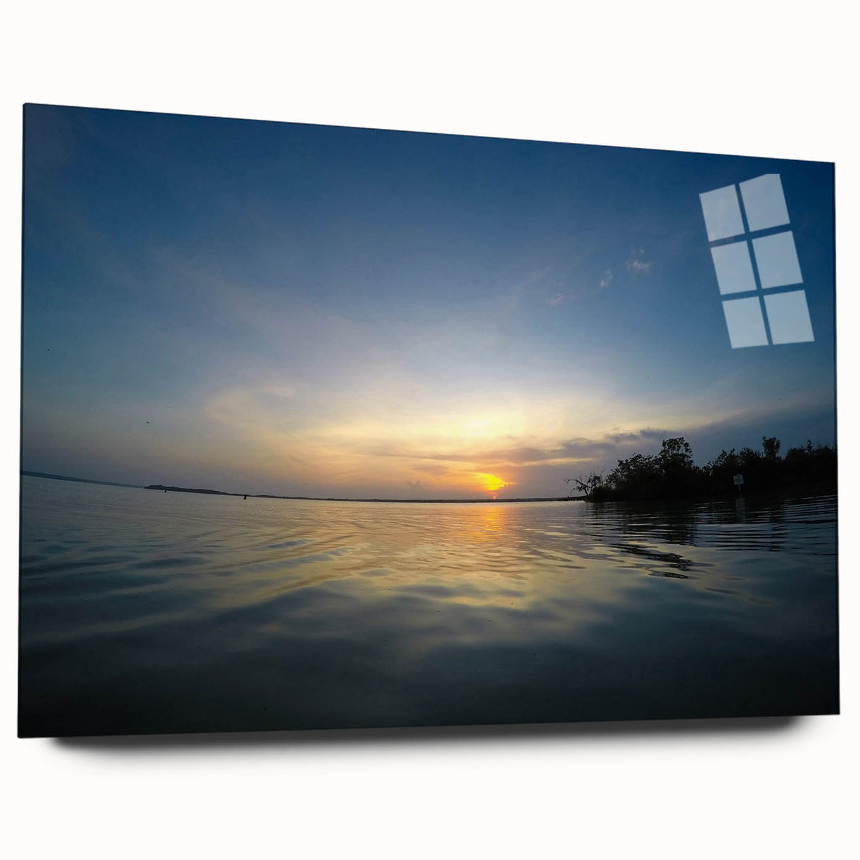 Acrylic print of large abstract Yucatan scenery in cool blue and green hues, suitable for bedroom or dining room decor.
