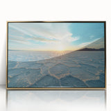 Framed acrylic print of a Bolivian landscape in mid-century modernist style, featuring earthy tones.