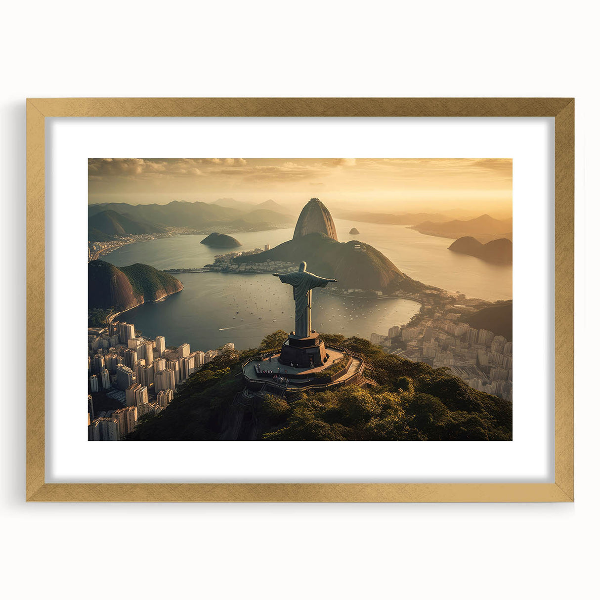 Extra large abstract art print of a textured Brazilian landscape in muted earth tones, framed in gold.