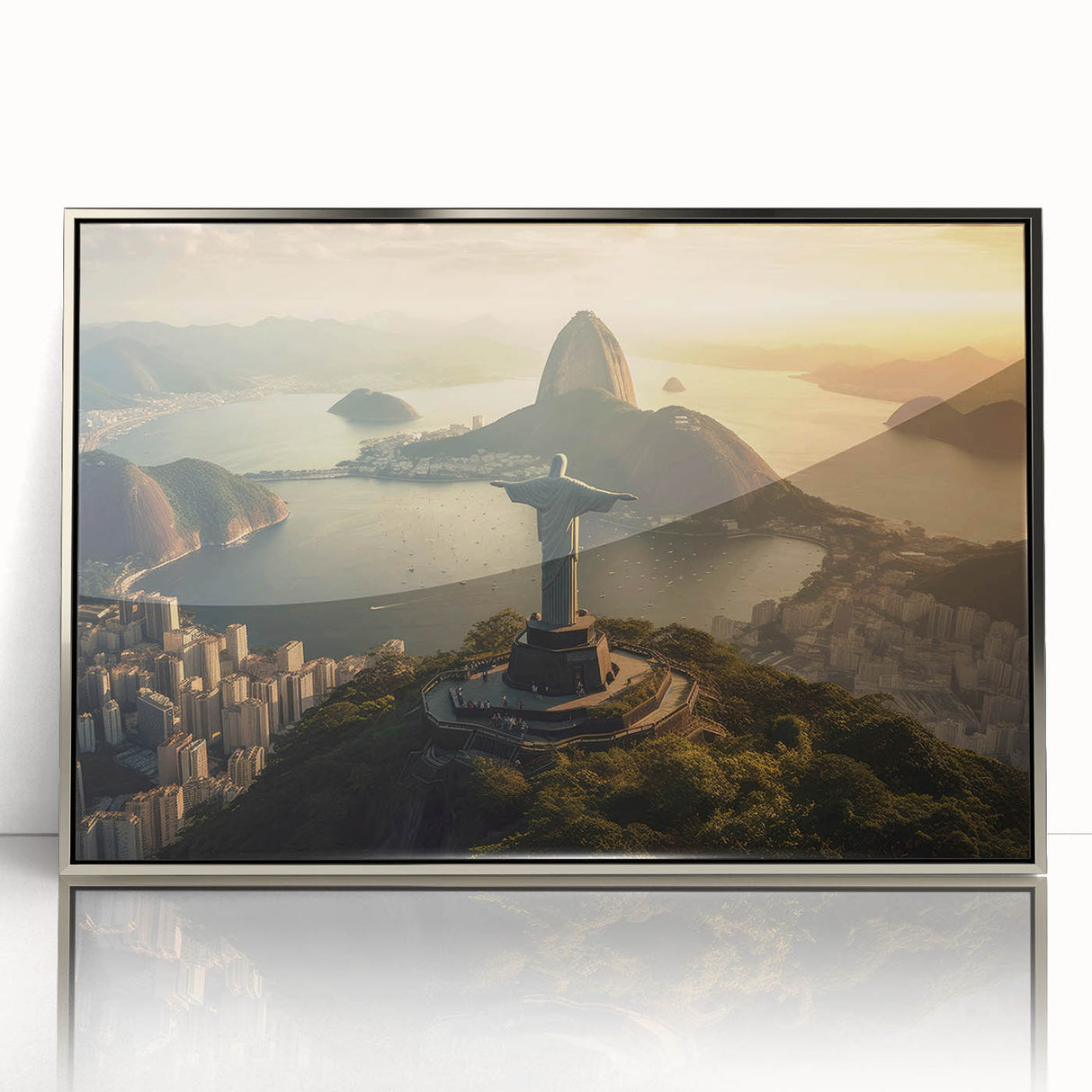 Mid-century modernist art depicting a stylized Brazilian landscape in muted earth tones, framed in silver acrylic.