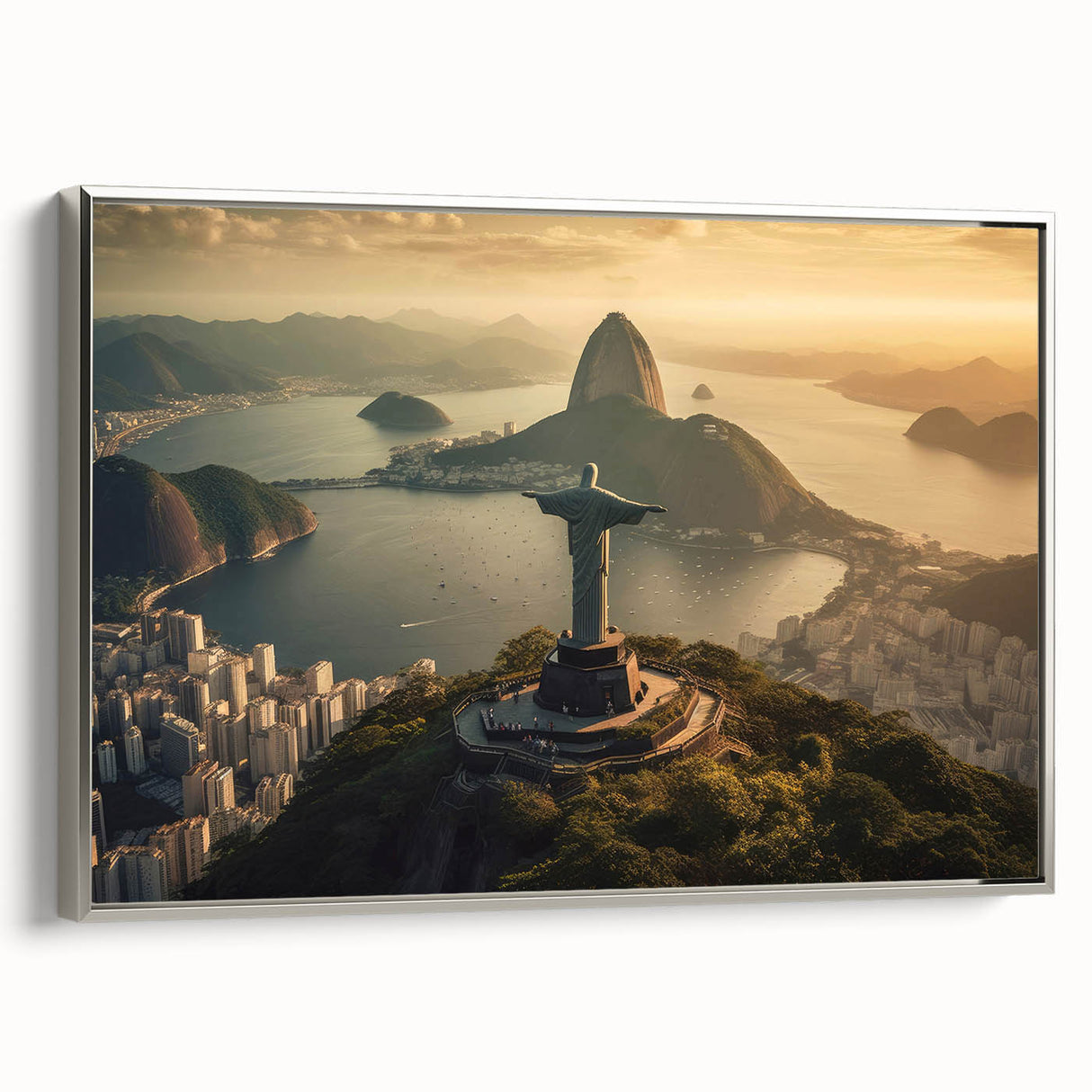 Framed canvas landscape art painting featuring a colorful vintage poster art style scene of a Brazilian coastline.