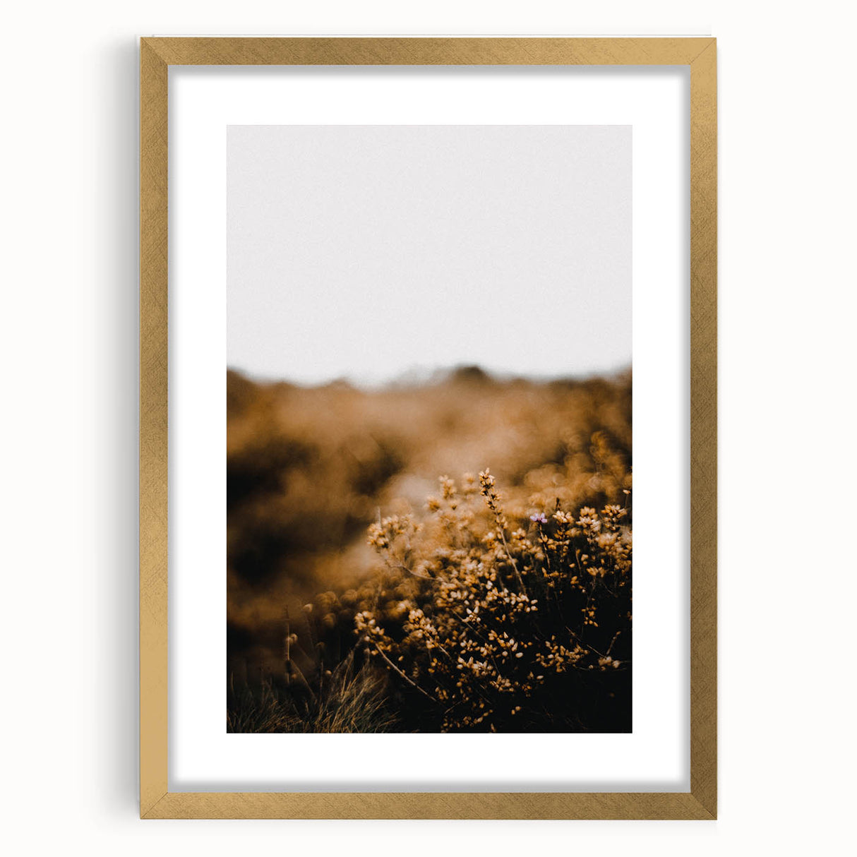 Extra large abstract art print featuring textured fall colors in a gold frame, ideal for living room decor.