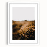 Abstract art print depicting autumnal trees in red and orange shades, framed with a white mat, ideal for dining room decor.