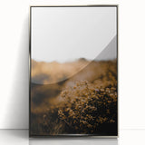 Mid-century modernist acrylic print of an abstract fall scene in warm orange and brown tones, ideal for nursery wall art.