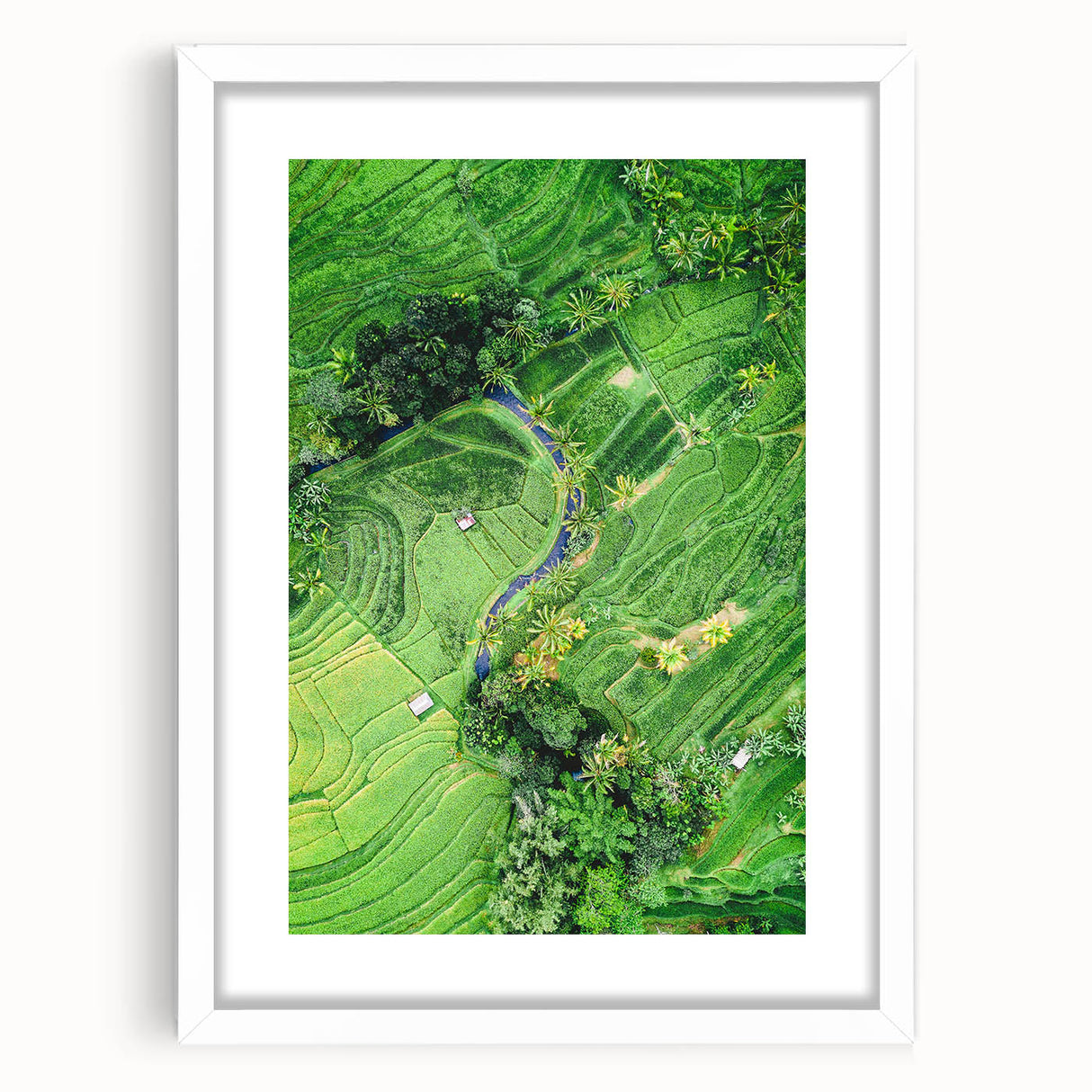 Abstract art print featuring swirling shades of blue and green, framed in white, suitable for bedroom or dining room decor.