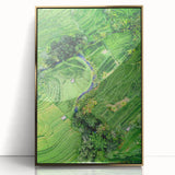 Large art print of a mid-century modernist spring scene in vibrant green and gold tones, framed in acrylic.