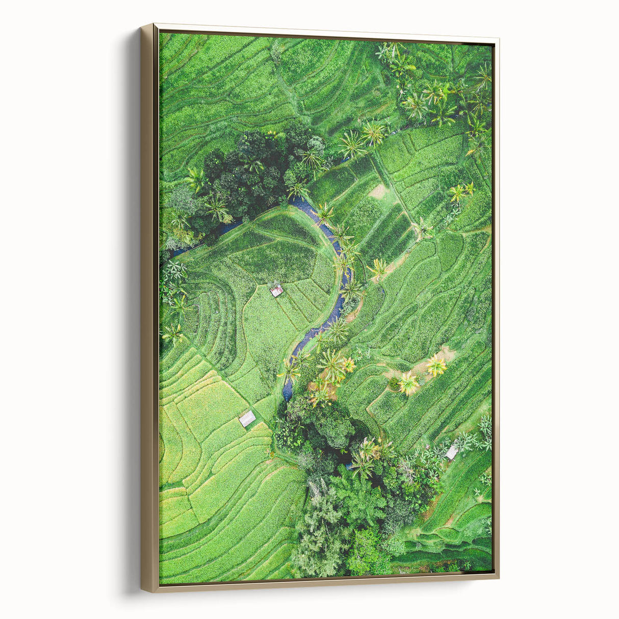 Framed canvas depicting a vintage-style landscape with spring motifs in gold and black tones, ideal for bedroom wall art.