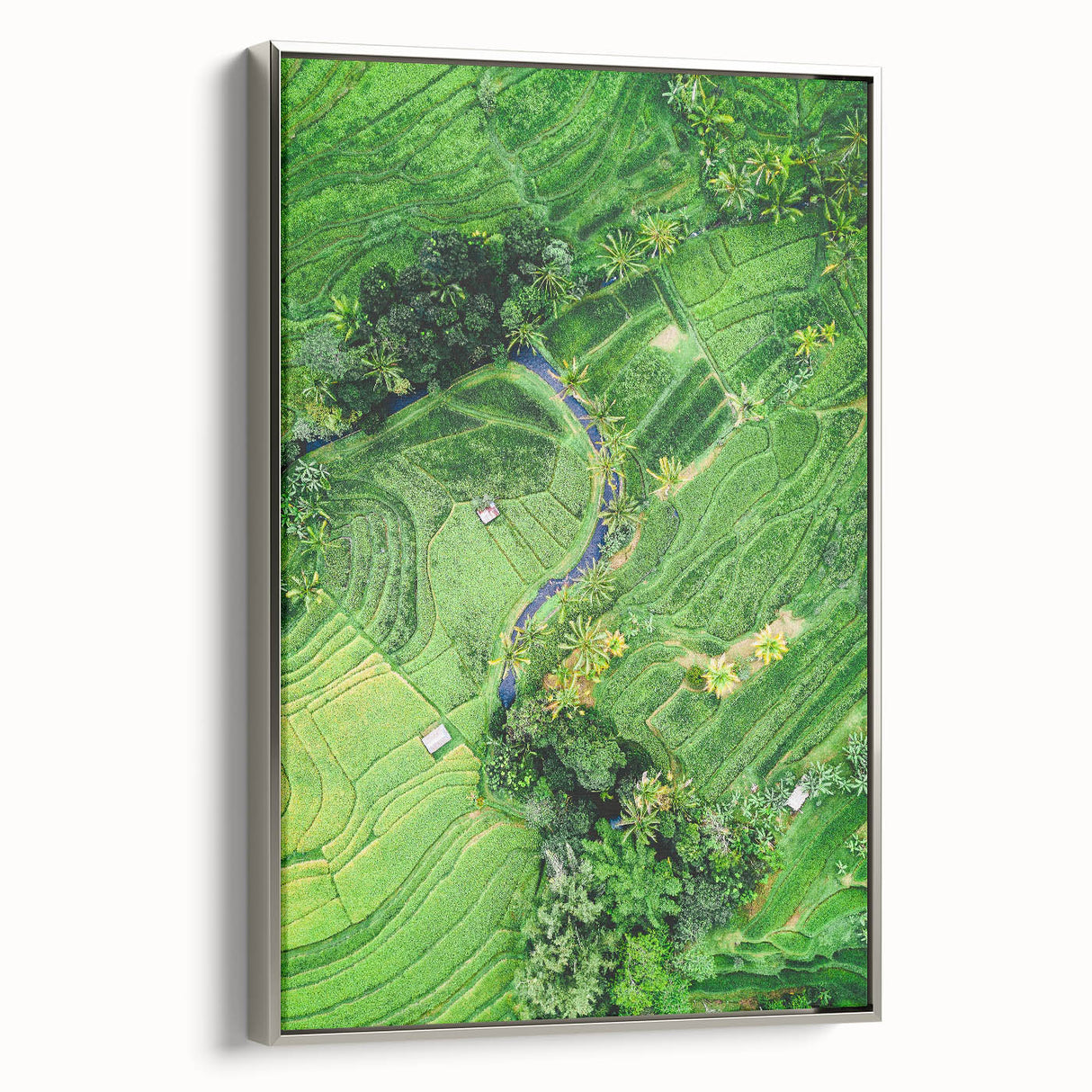 Landscape art painting depicting spring season on framed canvas, featuring vibrant green and floral colors.