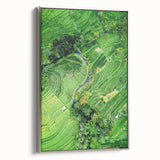 Landscape art painting depicting spring season on framed canvas, featuring vibrant green and floral colors.
