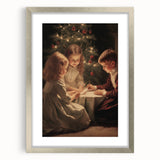 Textured abstract art print depicting winter in muted blue and white tones on a silver-framed canvas.