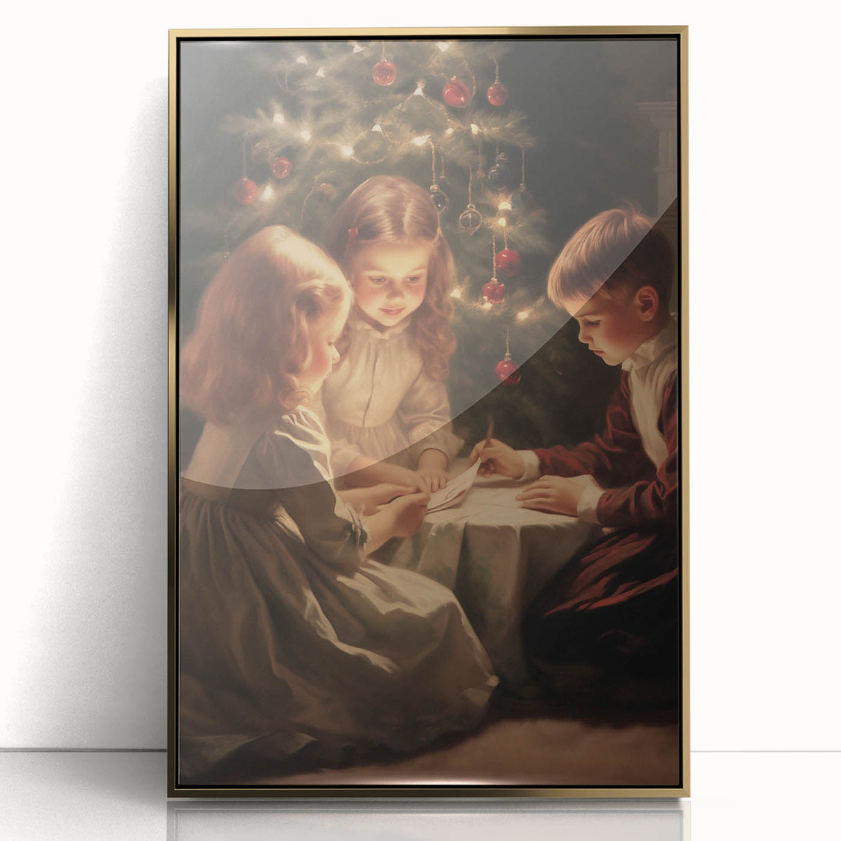 Large art print of a winter scene in mid-century modernist style, featuring muted blue and white tones on framed acrylic.