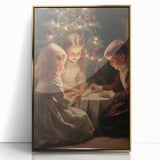 Large art print of a winter scene in mid-century modernist style, featuring muted blue and white tones on framed acrylic.