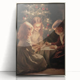 Mid-century modernist art depicting a winter scene in muted blue and white tones, framed in silver acrylic.