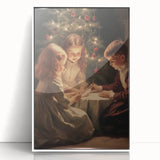 Art deco poster of a winter scene in muted blue and white tones, acrylic print framed in white.