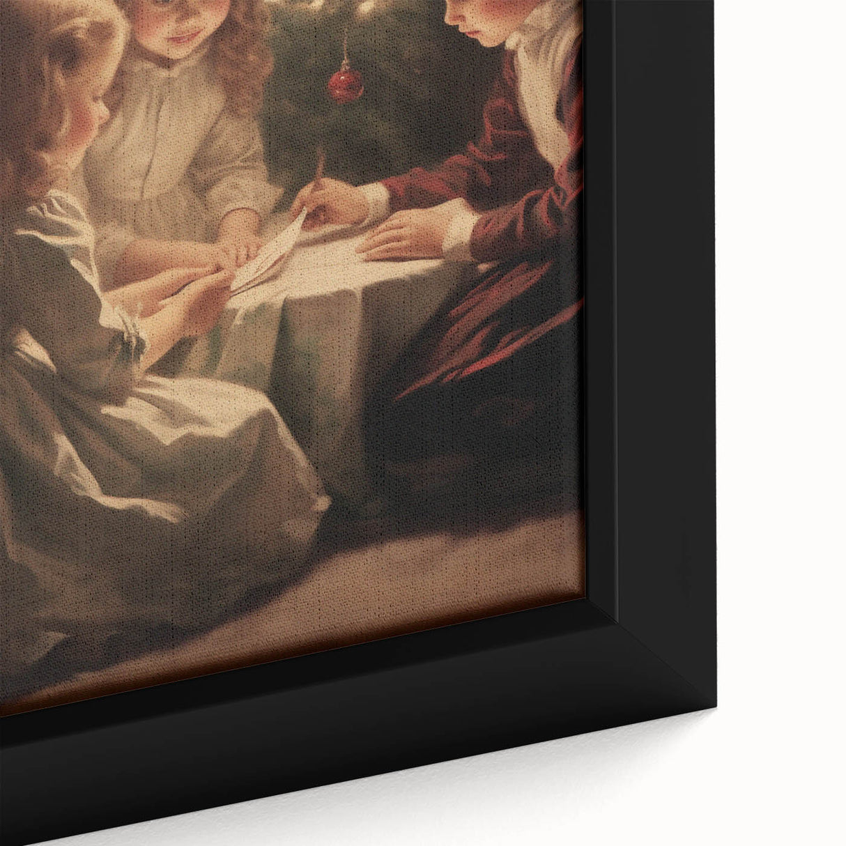 Close-up of textured, extra large black wall art depicting a winter scene on framed canvas, suitable for living room decor.