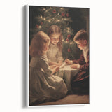 Vintage poster art featuring a winter scene on framed canvas, with muted white and gray tones, ideal for living room decor.