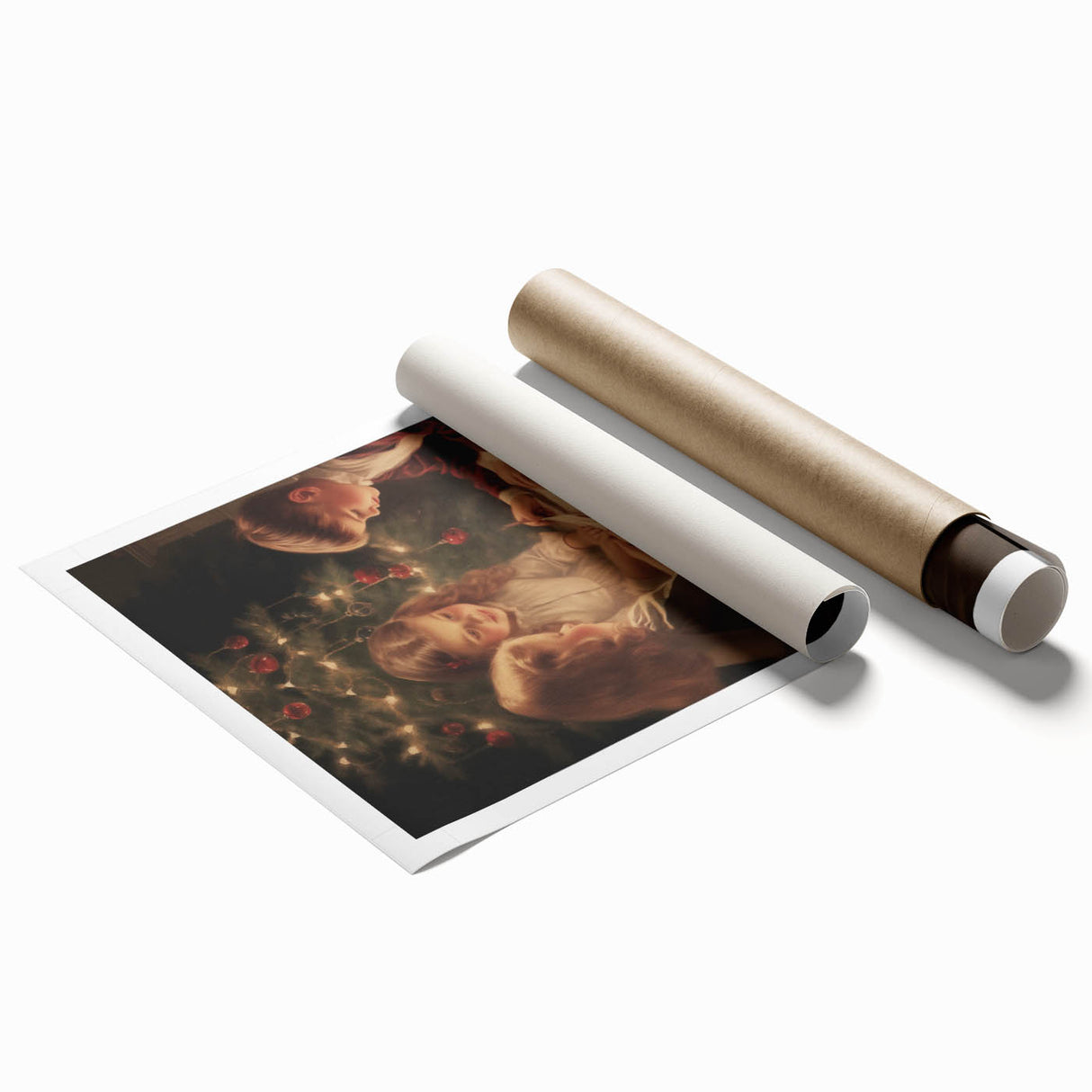 Large rolled canvas print featuring muted blue and white winter floral motifs, ideal for classy bathroom wall art.