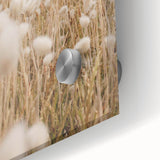 Large abstract wall art in vibrant orange and blue tones on acrylic glass, suitable for enhancing dining room ambiance.