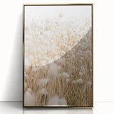 Large art print of a mid-century modernist abstract design in gold and white tones on acrylic.