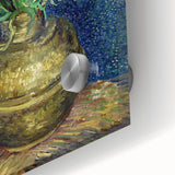 Large abstract wall art print on acrylic glass depicting vibrant swirls in blue and yellow, ideal for dining room art.