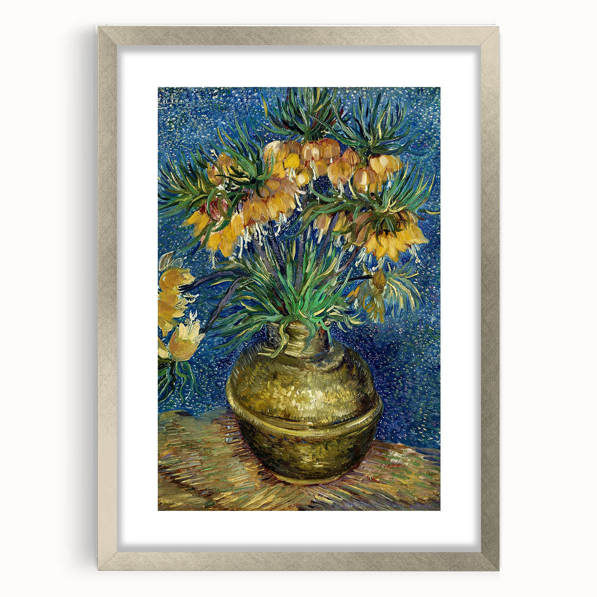 Extra large abstract art print with textured design in blue and gold, framed in silver, ideal for living room decor.