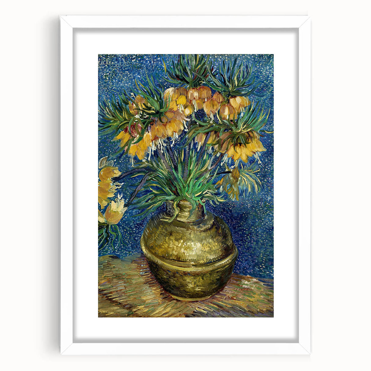 Abstract art print of swirling blue and yellow patterns on a white framed canvas, suitable for dining room or bedroom decor.