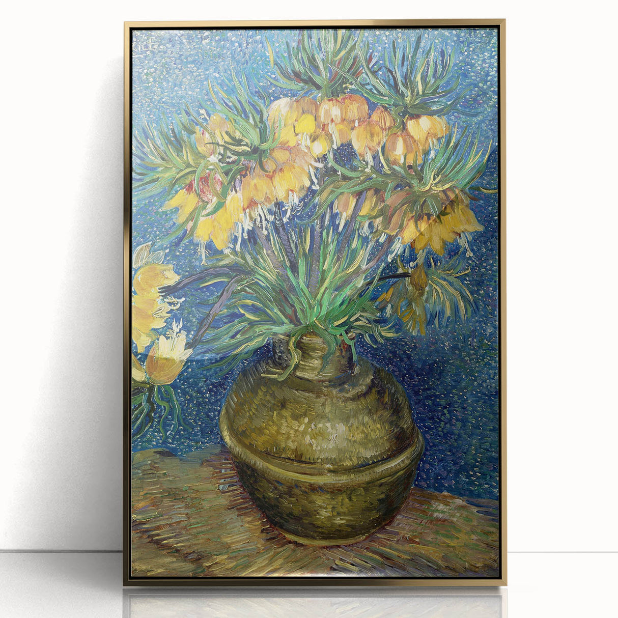 Acrylic print of Van Gogh-inspired art deco poster with gold frame, featuring vibrant colors.
