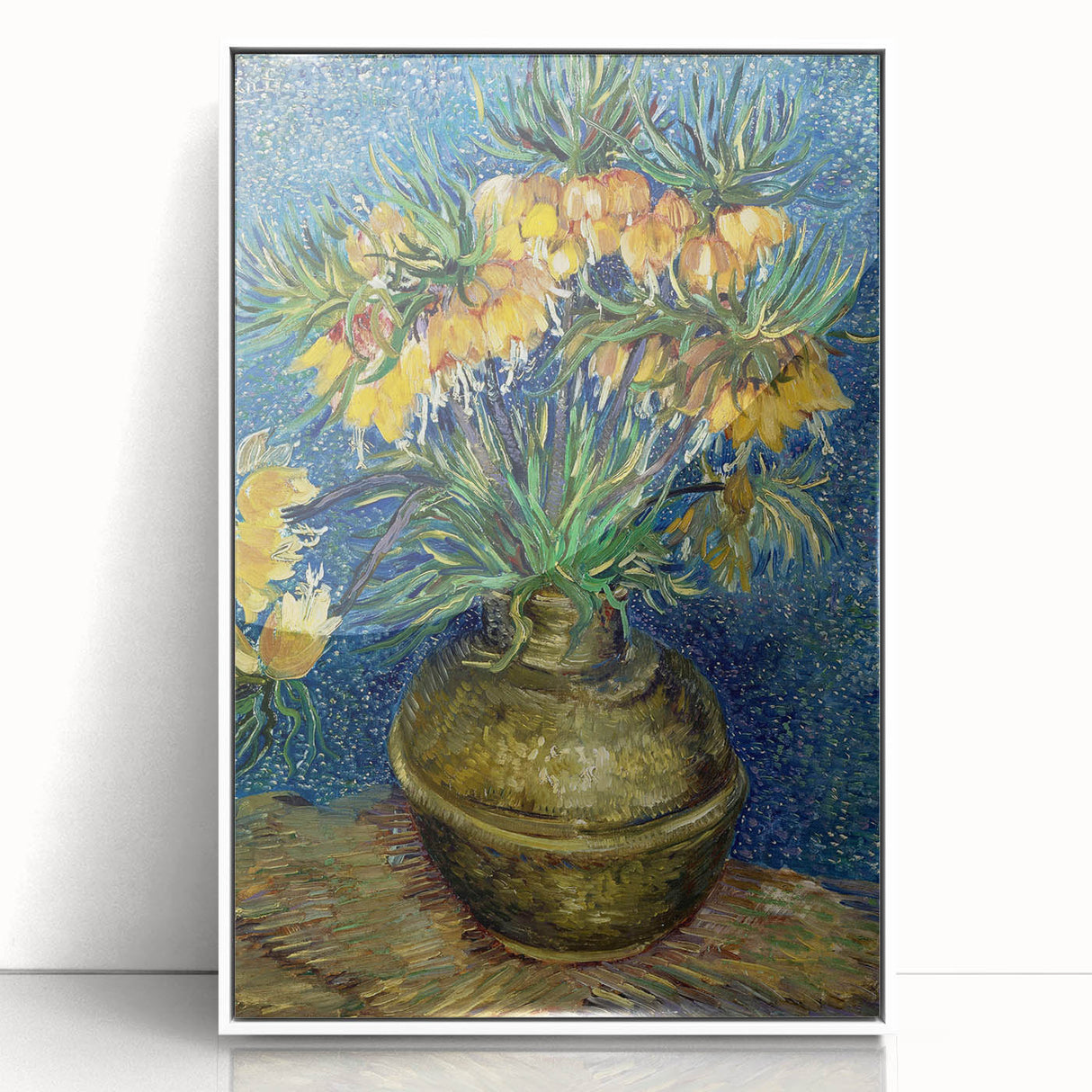 Mid-century modernist art depicting a Van Gogh-inspired scene in vibrant colors on a white acrylic framed poster.