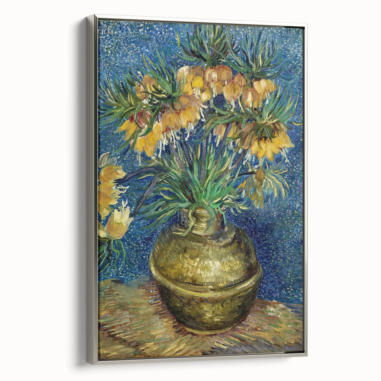 Framed canvas of a Van Gogh landscape painting with vibrant colors on a black background, suitable for living room decor.
