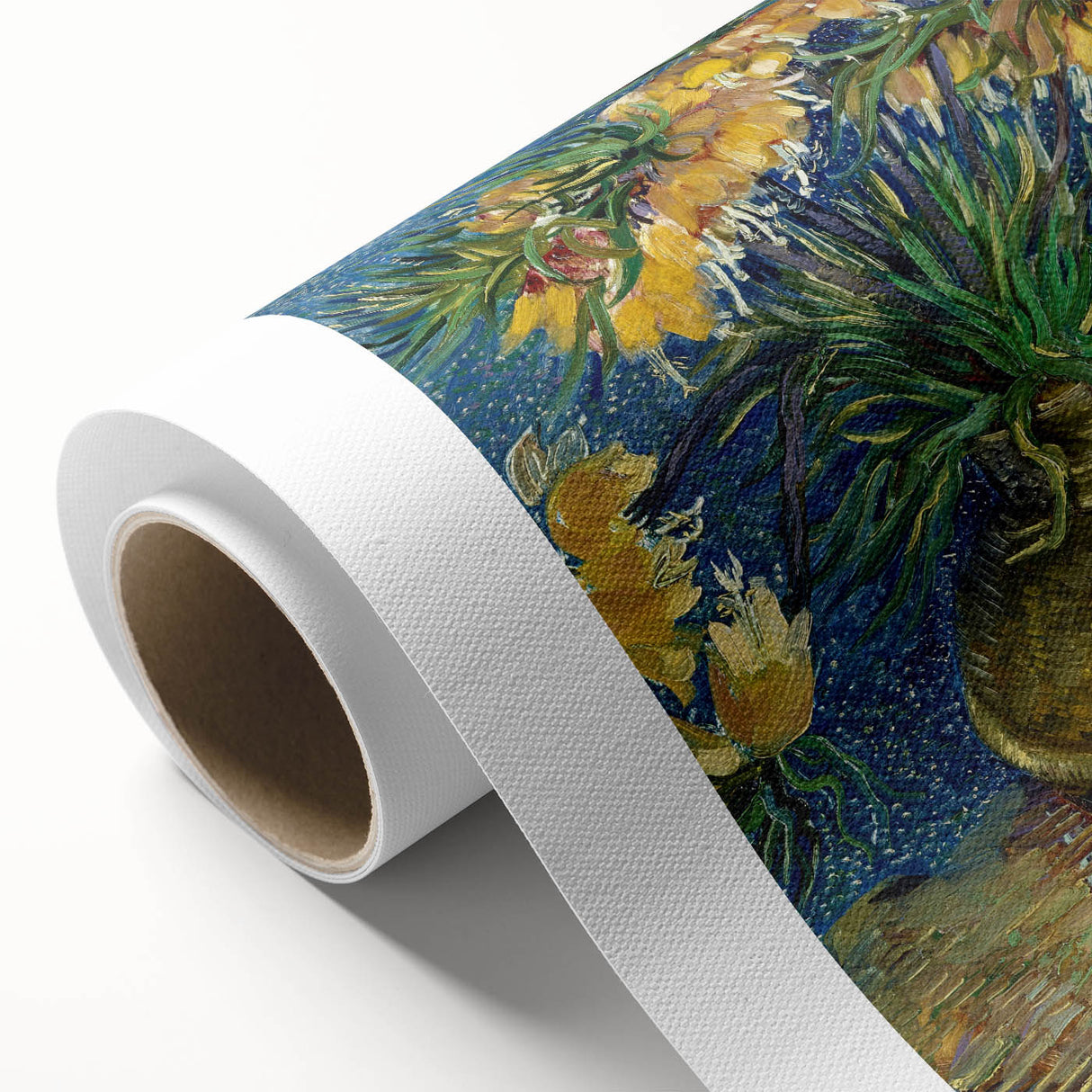 Art deco poster of Van Gogh's Starry Night on rolled canvas, featuring swirling blues and yellows.