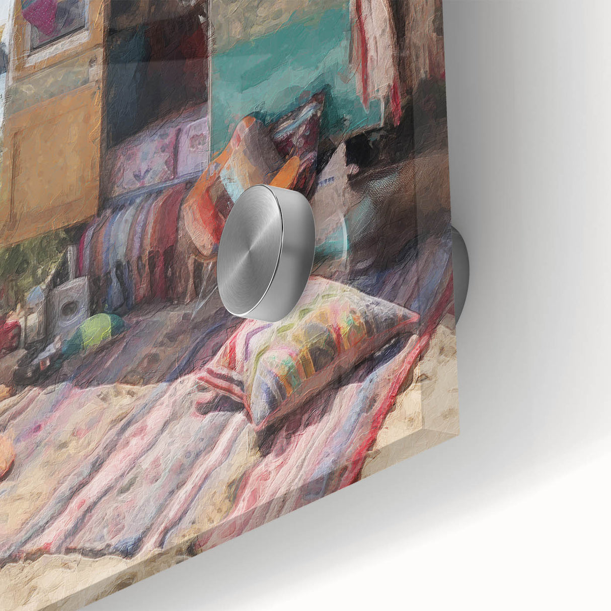 Large abstract wall art on acrylic glass featuring a caravan design with muted earth tones.