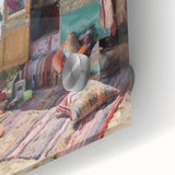 Large abstract wall art on acrylic glass featuring a caravan design with muted earth tones.