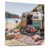 Large abstract wall art on acrylic featuring a caravan in mid-century modernist style, ideal for dining room art.