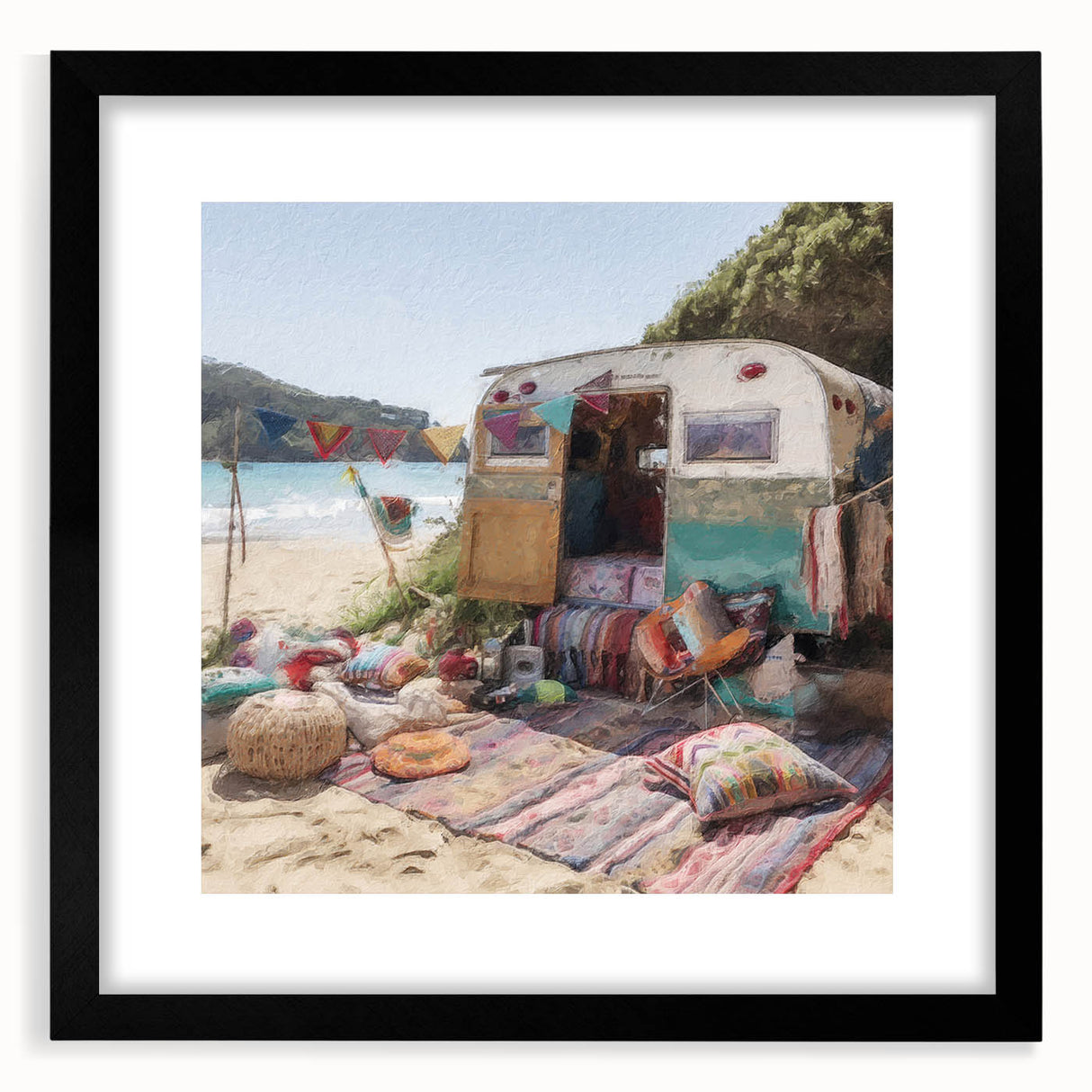 Extra large abstract art print featuring a colorful, textured depiction of a caravan, framed with a black mat.
