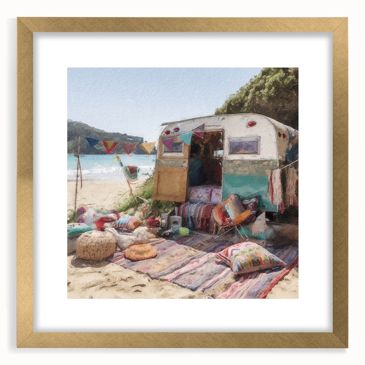Extra large abstract art print featuring a textured caravan motif in muted gold and beige, framed with a mat.