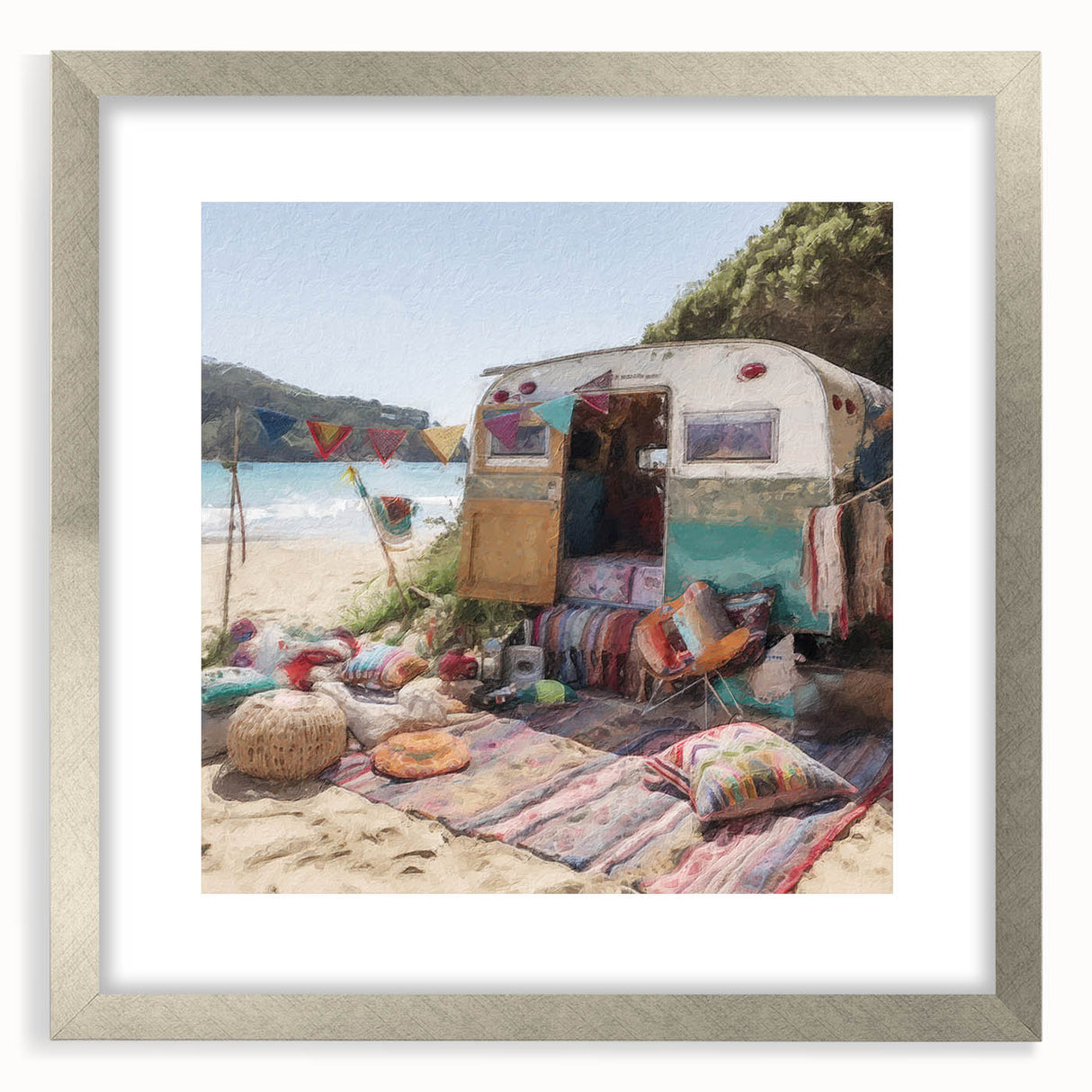Textured abstract art print of a caravan in muted earth tones on a framed canvas, suitable for bedroom decor.