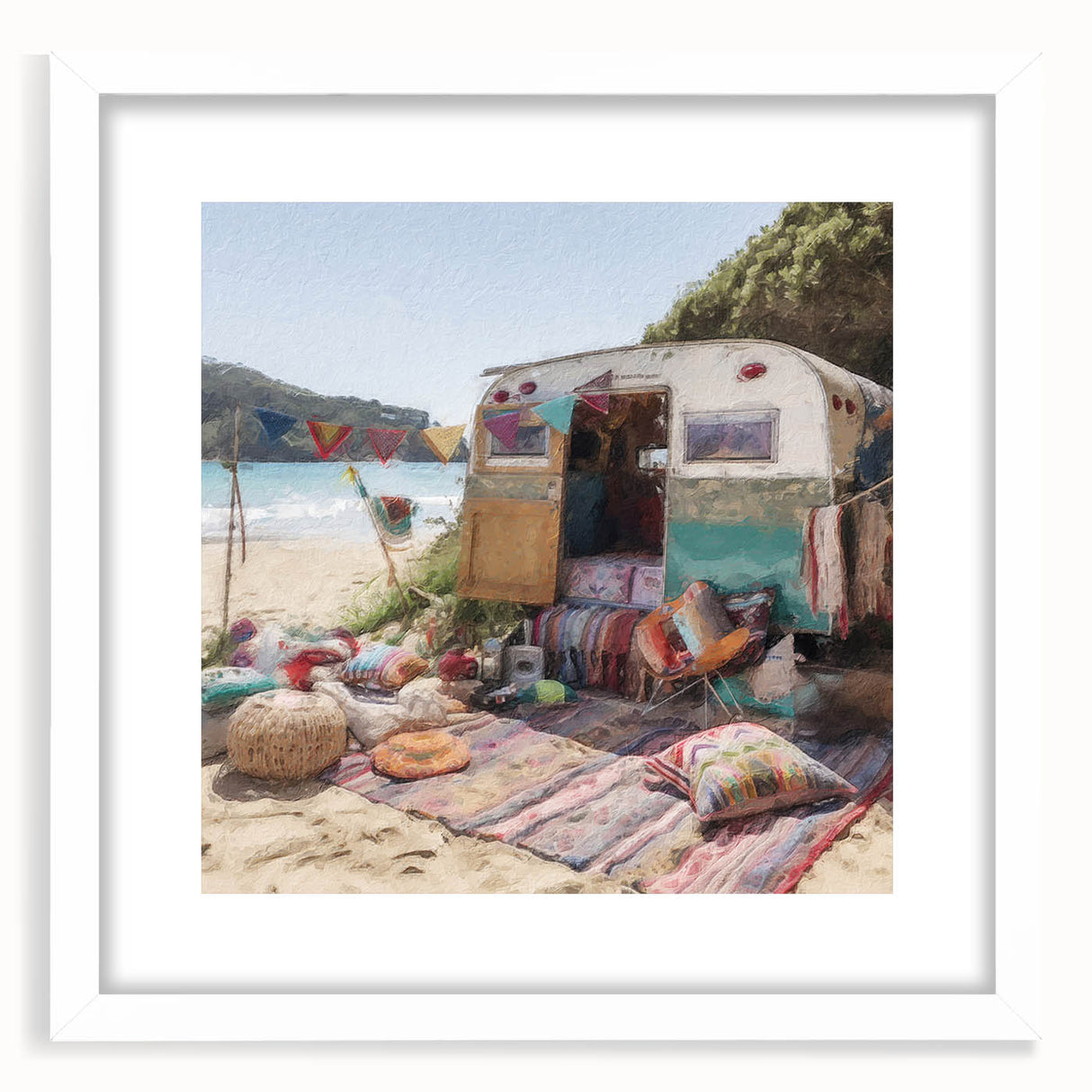 Abstract art print of a caravan in black and white, framed with a white mat, suitable for dining room decor.