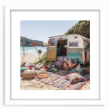 Abstract art print of a caravan in black and white, framed with a white mat, suitable for dining room decor.