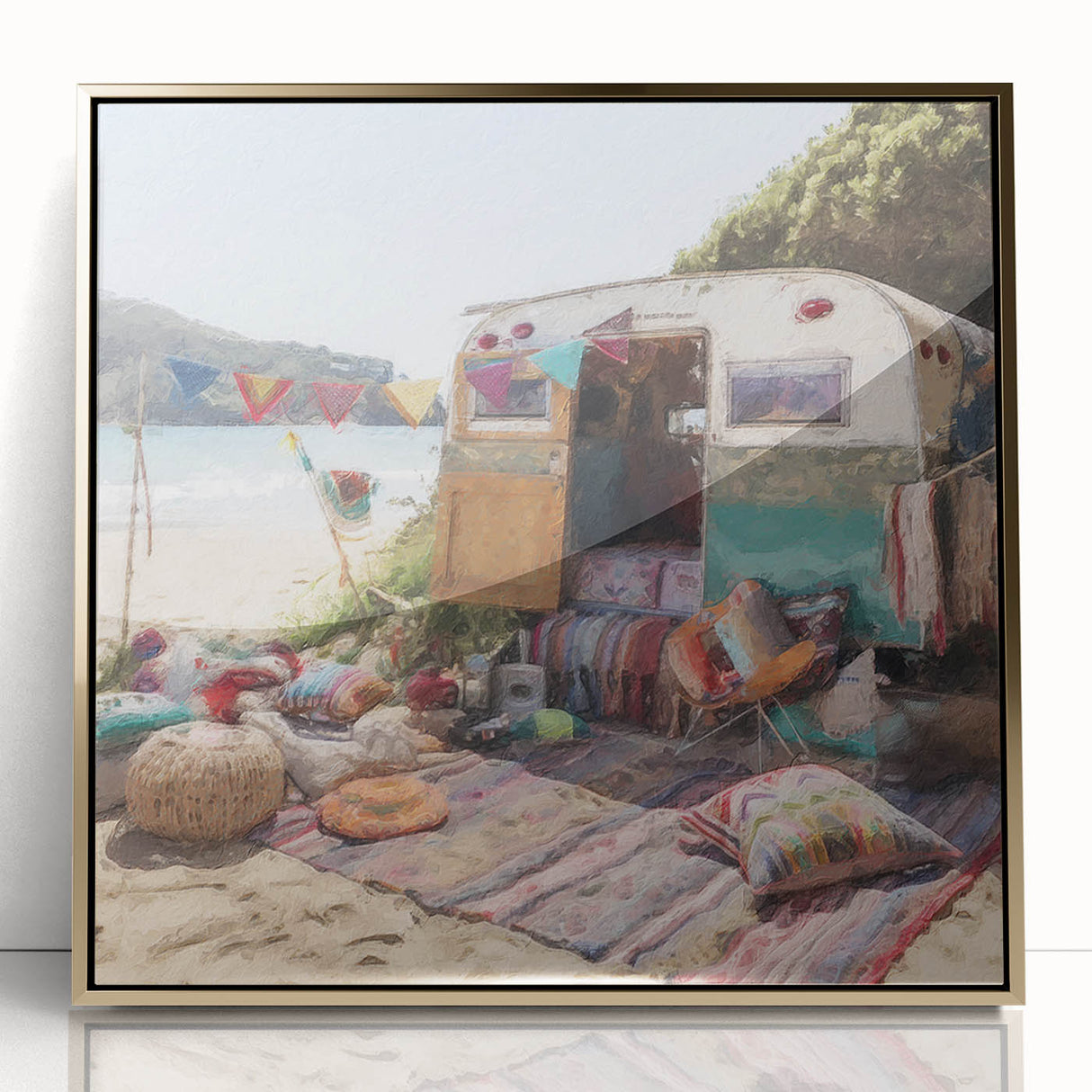 Mid-century modernist acrylic print of a caravan in gold and beige tones, ideal for nursery wall decor.