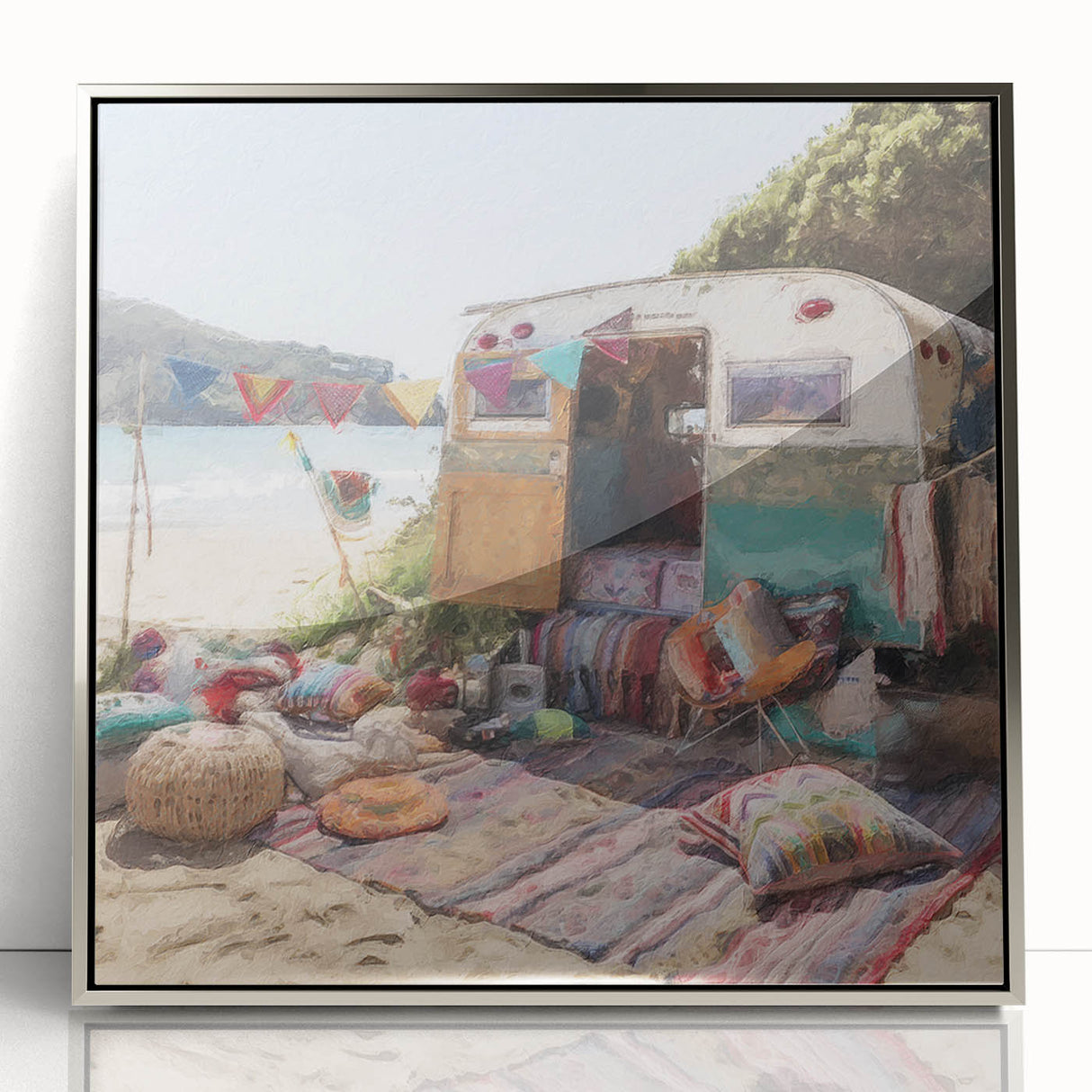 Mid-century modernist art depicting a silver caravan on framed acrylic, ideal for nursery wall decor.