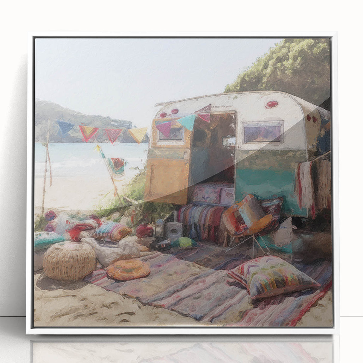 Art deco poster of a stylized caravan in black and white on a framed acrylic, suitable for modern nursery wall decor.